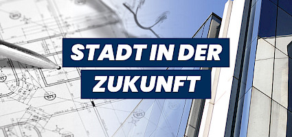 Stadt in der Zukunft: Schrift vor Plan eines Gebäudes