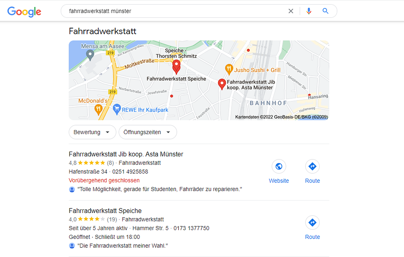 Google Business Profile werden in der Googlesuche ganz oben dargestellt