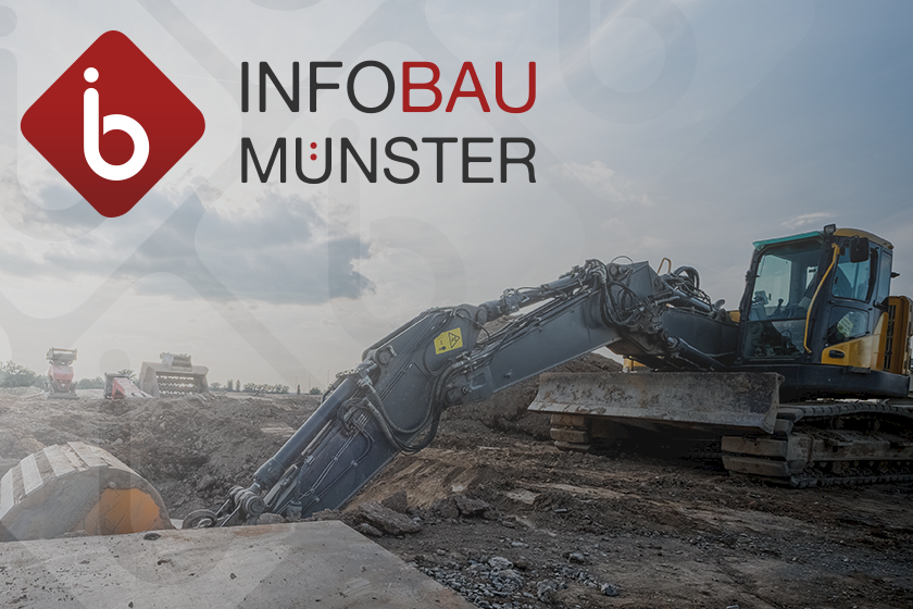 Logo InfoBau-Münster vor einer Tiefbaustelle