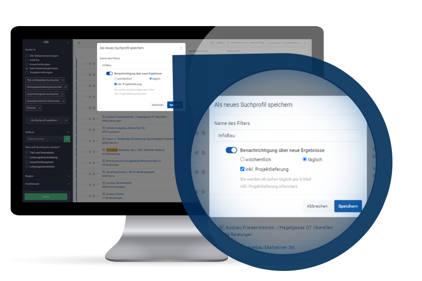 Bildschirm mit dem InfoBau Xplorer Ansicht - Suchprofil
