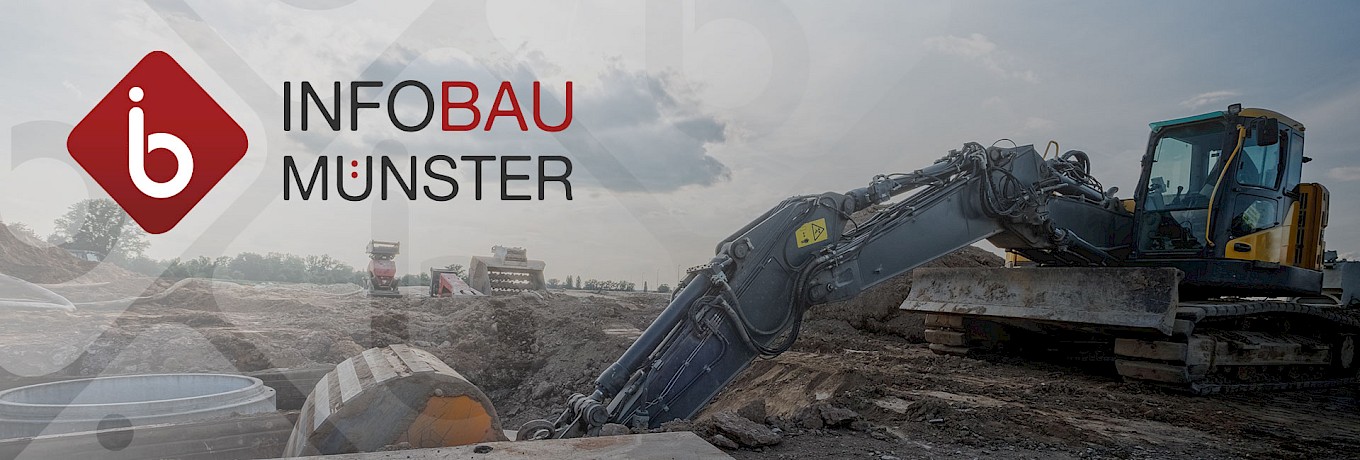 Logo InfoBau-Münster vor einer Tiefbaustelle