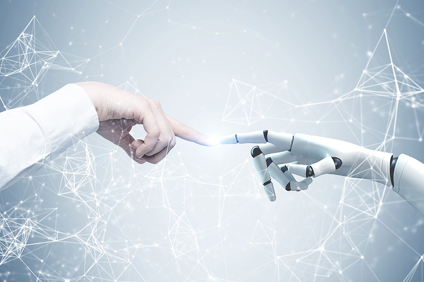 Futuristische Darstellung von der Zusammenarbeit von Mensch und KI im Vergaberecht