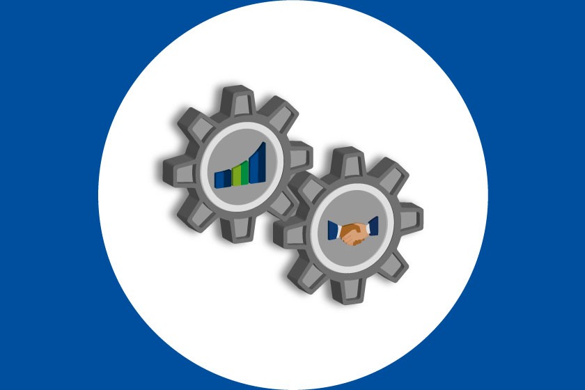 Das Bild zeigt anhand von zwei Zahnrädern den automatisierten Ablauf von Sales Automation.