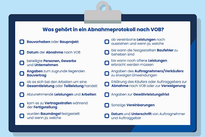 Abnahme von Bauleistungen: Infografik zum Thema was gehört in ein Abnahmeprotokoll nach VOB