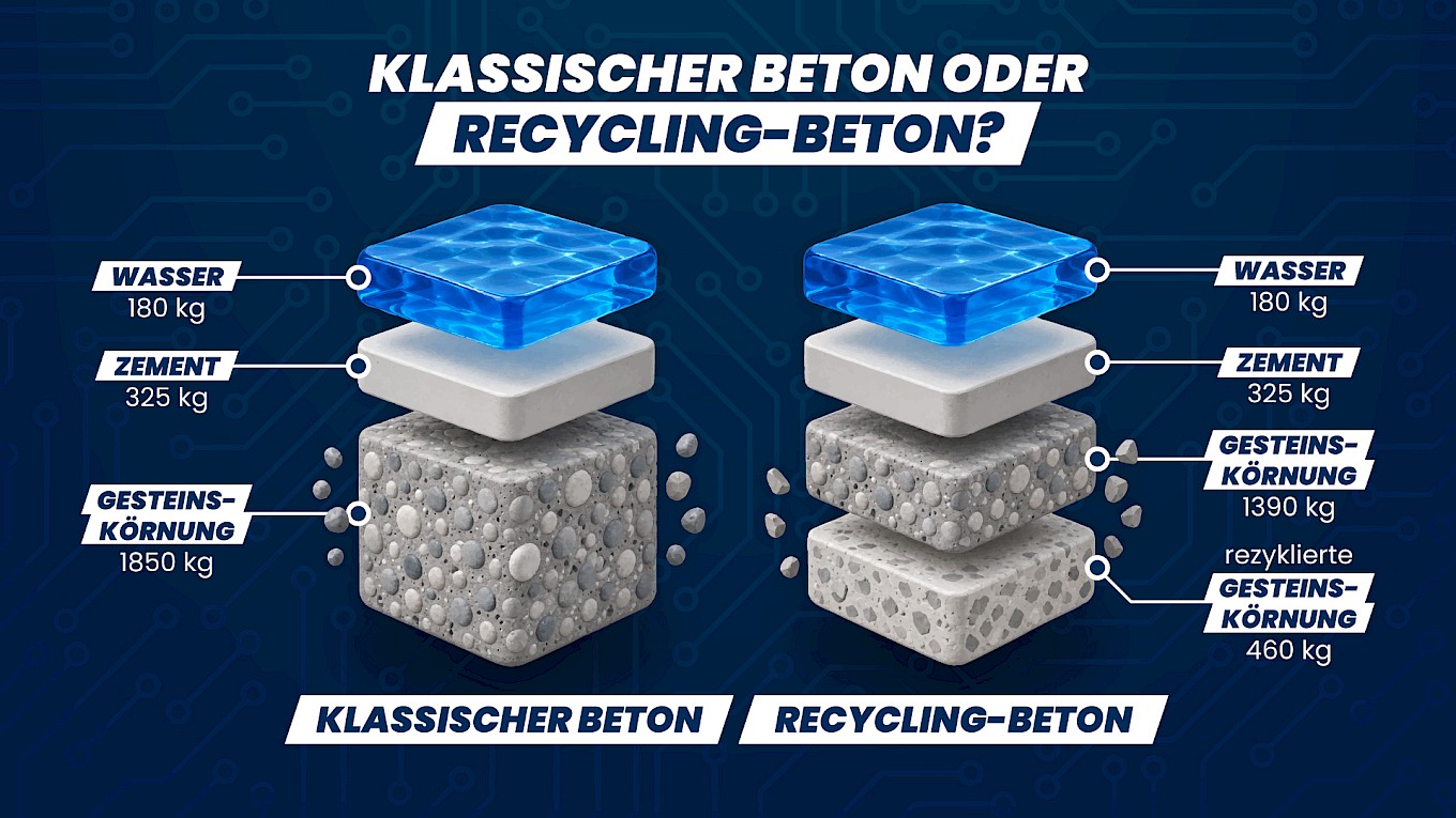 Ansicht der Bestandteile von klassischen Beton und Recycling-Beton