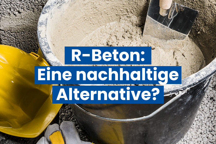 Recycling-Beton Schriftzug, dahinter Betonmischung
